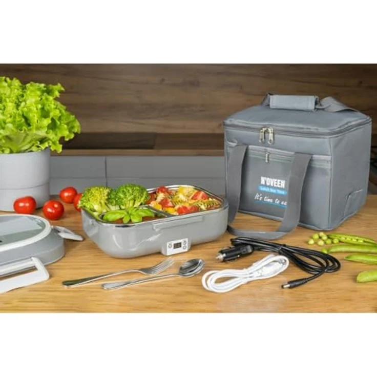 N'OVEEN Elektrische Lunchbox LB640 Dunkelgrau – Intelligenter beheizter Speisebehälter mit INOX-Innenraum, 3-Kammer-Container, 230V/12V/24V, LED-Display & Timer, inklusive Thermotasche – Bild 2
