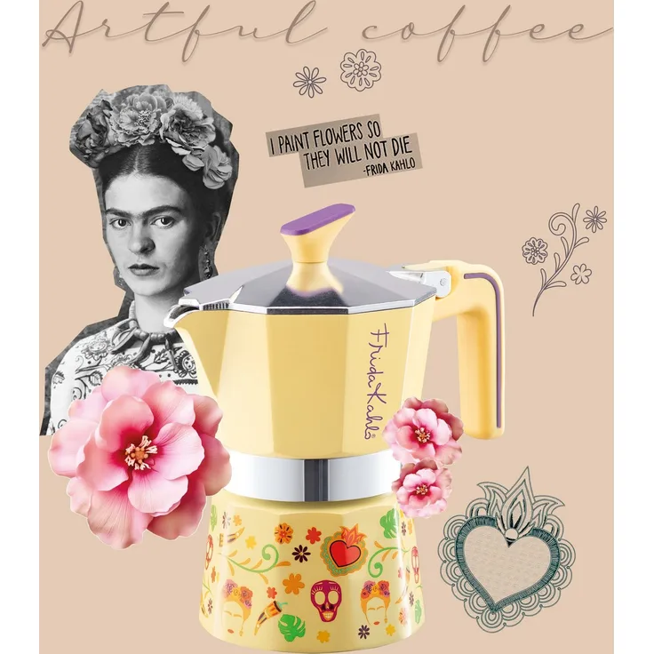 PEDRINI Espressokocher Frida Kahlo, Kaffeekännchen für 2 Tassen, blau