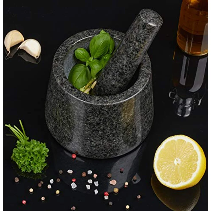 Relaxdays Mörser mit Stößel, Granit, poliert, langlebig, für Gewürze und Kräuter, Steinmörser D: 13,5 cm, dunkelgrau – Bild 3