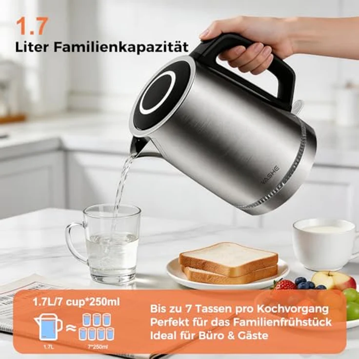 YASHE Wasserkocher Edelstahl 1,7L, 2200W, kabellos mit 360° Basis und Kalkfilter – Bild 5