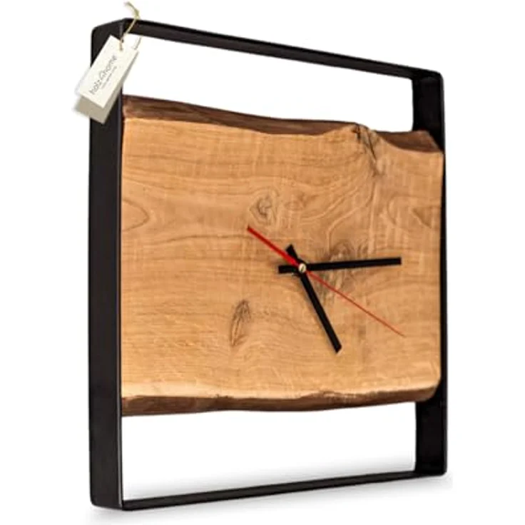 holz4home® Wanduhr Eichenholz mit Stahlrahmen, eckige Designuhr analog, 37x37 cm, leises Quarzwerk, perfekt für Wohnzimmer und Büro im modernen Loft Stil – Bild 1