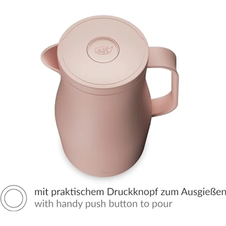 Alfi Isolierkanne, 1.0 l, rosa, aus Bio-Kunststoff mit Druckknopf für einhändiges Ausgießen, hält Getränke bis zu 12 Stunden heiß und 24 Stunden kalt – Bild 3