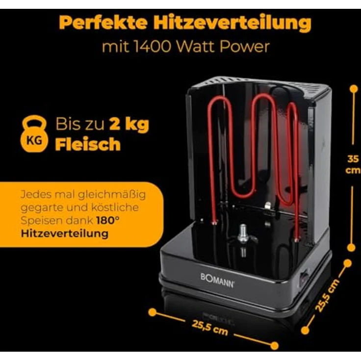 Bomann DVG 3006 CB 3in1 Döner--Hähnchen und Schaschlik-Vertikal-Multigrill, perfekte Grillergebnisse durch gleichmäßige Hitzeverteilung, Edelstahl-Fettauffangbehälter, 1400 Watt, Schwarz – Bild 3