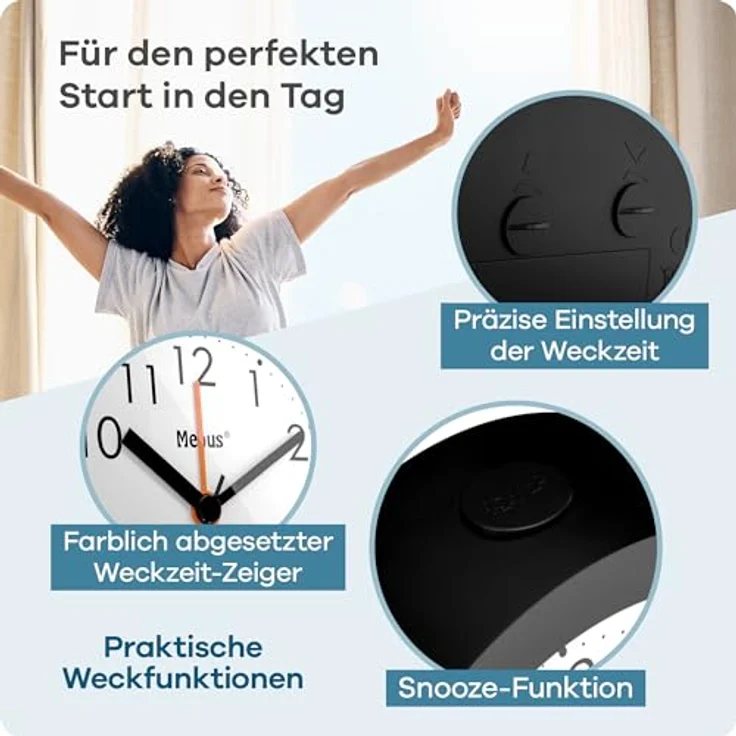 Mebus 25628, analoger Quarz-Wecker mit Lichtsensor, Weckwiederholung, lautlos und gut ablesbarem Zifferblatt, runde Form, 10 cm, schwarz – Bild 3