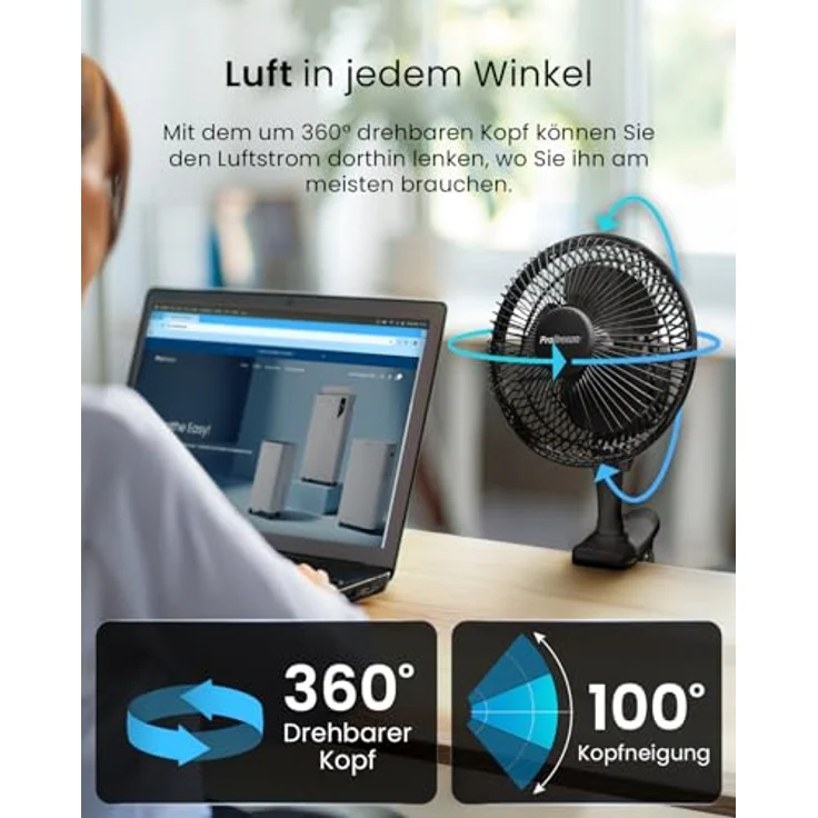Pro Breeze Mini Ventilator mit Clip, 15 cm Durchmesser, 2 Geschwindigkeitsstufen, leiser Betrieb, 360° Rotation, ideal für Schreibtisch, Schlafzimmer und Growbox – Bild 3