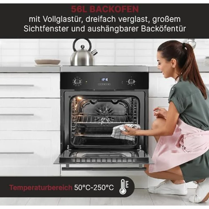 Bomann EBO 7911, Einbaubackofen mit 56L, Grill, Heißluft & 9 Funktionen, Touch Control, aushängbare Tür, schwarz – Bild 5