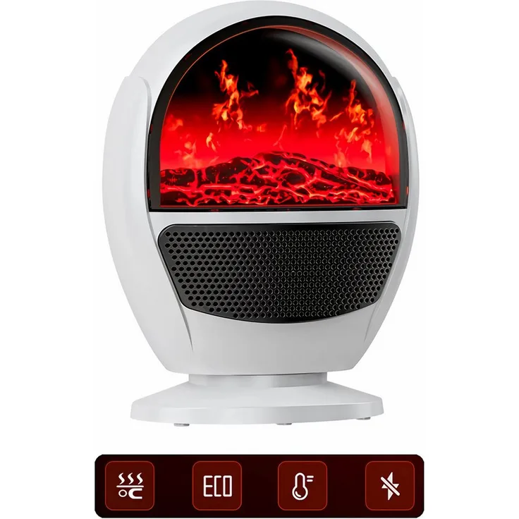 Bolwins Heizlüfter F50D, 2in1 Elektrokamin & Heizlüfter mit 1300W, PTC-Heizelement, simulierte Flammeneffekte, Weiß