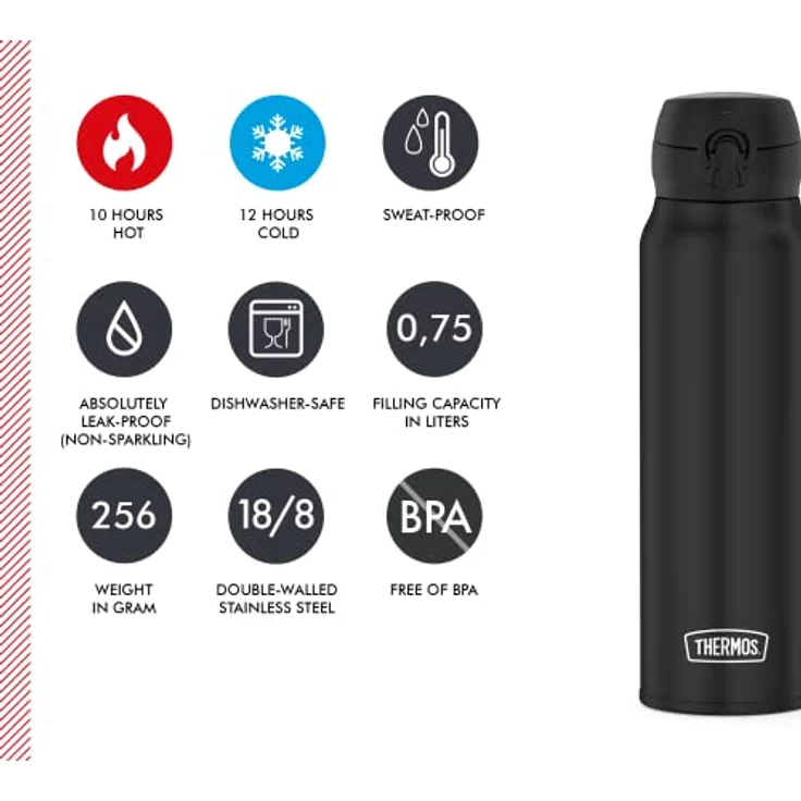 THERMOS 4035.232.075 Thermosflasche Ultralight, Edelstahl Mat Black 0,75 l, extrem leicht, nur 275 g, 10 Stunden heiß, 20 Stunden kalt – Bild 5