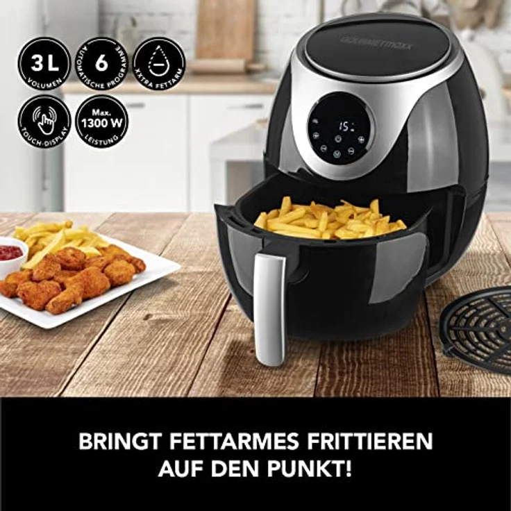 GOURMETmaxx Heißluftfritteuse, 1300 Watt, 3 Liter, ohne Fett, Display, regelbares Thermostat, Kunststoff, schwarz – Bild 3