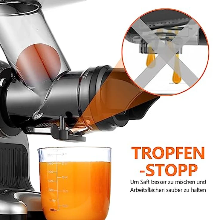 AMZCHEF Entsafter mit 80MM Großer Einfüllschacht - 150W Entsafter Slow Juicer mit 2 Geschwindigkeitsmodi und Rücklauffunktion - Entsafter für Ganze Gemüse und Obst Testsieger - Silber – Bild 4