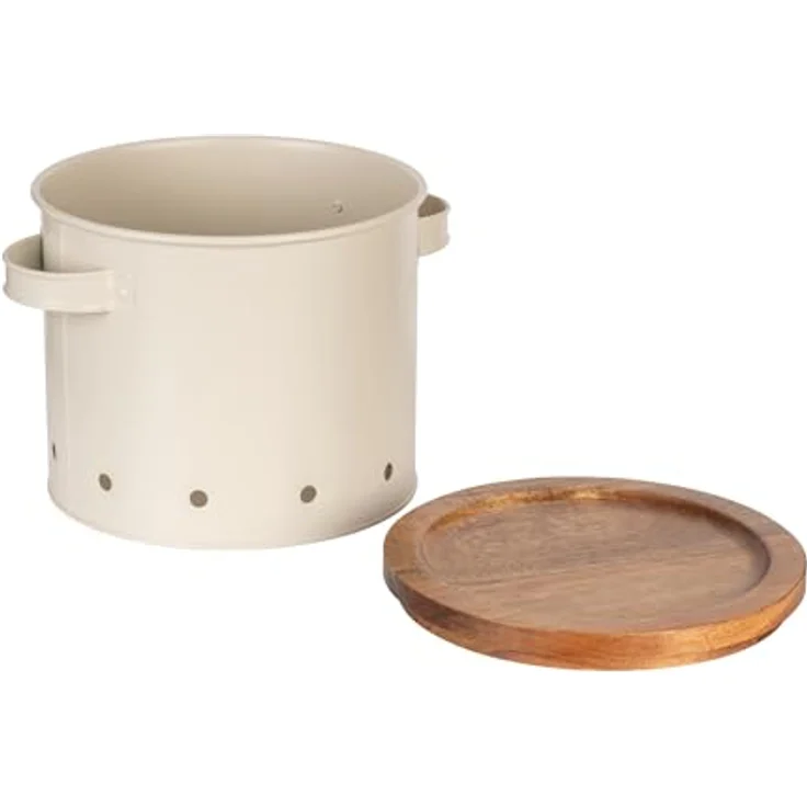 Wenko Aria Vorratsdose, 3,8 Liter, aus pulverbeschichtetem Metall in Beige mit Akazienholzdeckel und Luftlöchern zur Luftzirkulation – Bild 1
