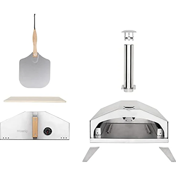 H.Koenig Gasofen für Pizza GINO440, Edelstahl, 30,5 x 30,5 cm, bis zu 450 °C, abnehmbare Tür und Kamin, integriertes Thermometer, Pizzaschieber, Cordierit Pizzastein – Bild 5