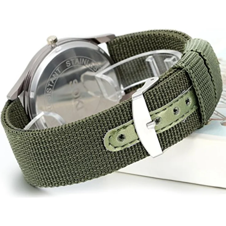 JewelryWe Militär Uhr Herren, Analog Quarz mit 12/24H, Datum und Leuchtzeigern, Armeegrün Nylon Armband, 10m wasserdicht – Bild 5