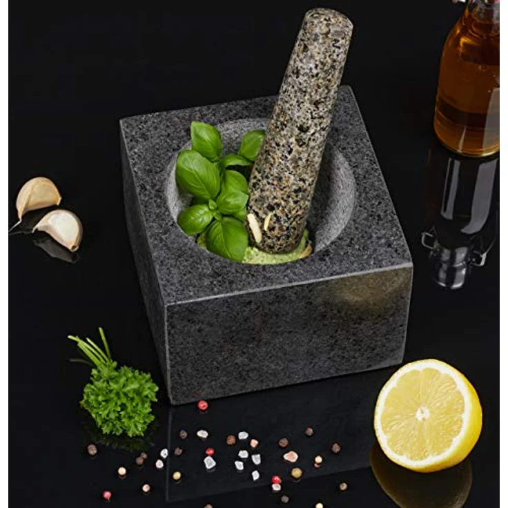 Relaxdays Mörser mit Stößel, Granit, poliert, für Gewürze & Kräuter, 500 ml, Steinmörser BxT: 14,5 x 14,5 cm, dunkelgrau – Bild 6