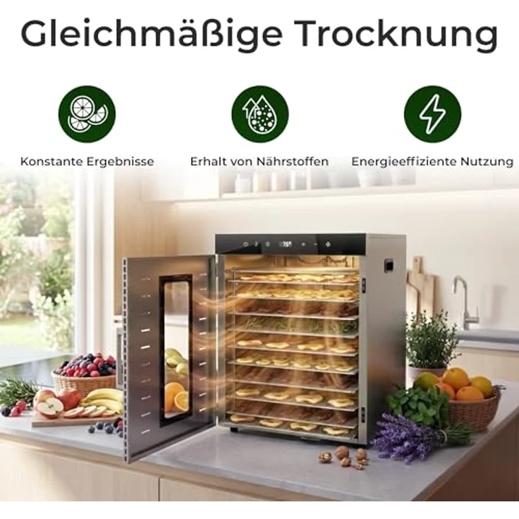 KLAMER Dörrautomat XXL 1000W, 10 verstellbare Etagen, 24h Timer, 30–90°C Temperaturregelung – Bild 4