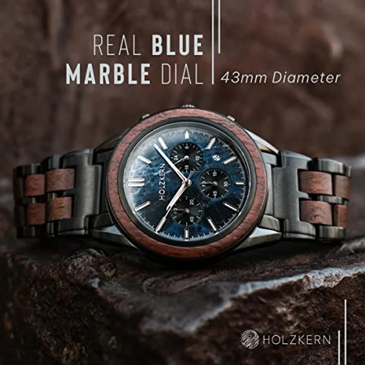 HOLZKERN Herren-Chronograph Quarz Space Dust, Edelstahl anthrazit, blaues Zifferblatt, mit Stoppuhr und Kalender – Bild 2