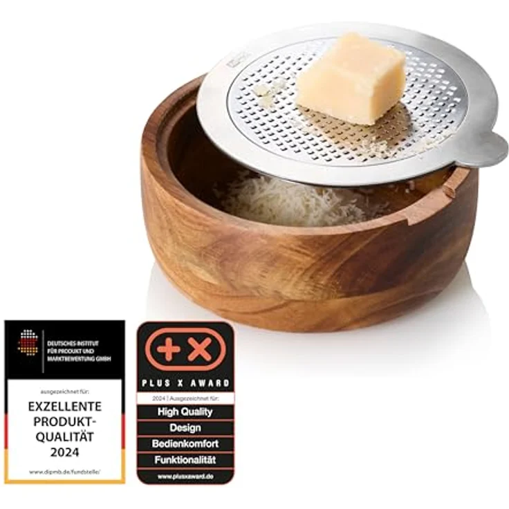 AdHoc GG30 Feinreibe CutnServe, Edelstahl und Akazienholz, mit Auffangbehälter für Hartkäse und Gewürze, 12,5 cm Durchmesser – Bild 2