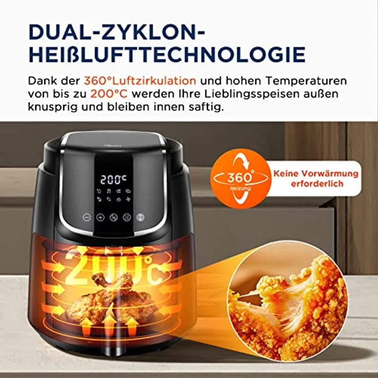 Midea MF-CN40C2 Heißluftfritteuse 4L, Ölfreie Airfryer 1500W, 8 Vorprogrammierte Kochmodi, 35-200℃, Backen, Braten, Grillen, Auftauen, Schüttelalarm, 60-Minuten Timer, 81 Rezepten, Spülmaschinenfest – Bild 4