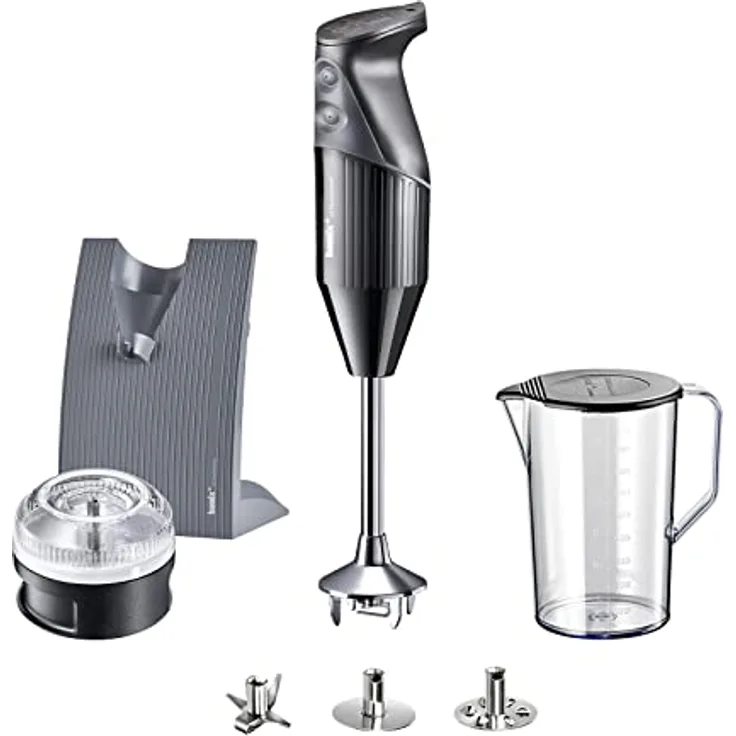 bamix Stabmixer Set M200 SWISSLINE inkl. Multifunktionsmesser, Quirl, Schlagscheibe, Prozessor, Becher, Halterung, 200 Watt, 2-Stufen, Edelstahl, Made in Switzerland - Schwarz