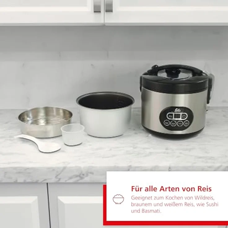 Solis Reiskocher und Dampfgarer, Weißer-brauner Reis, Timer und Warmhaltefunktion, 6 Tassen Reis, 1,2 Liter, 500 Watt, Inklusive Messbecher und Schöpflöffel, Duo Program Typ 817 – Bild 3