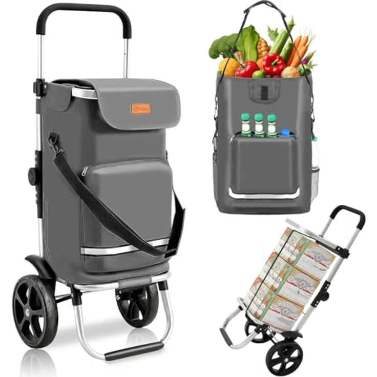 Sekey XXL Faltbarer Einkaufstrolley, 60 L, klappbarer 3-in-1 Einkaufswagen mit höhenverstellbarem Griff, Aluminium, Kühlfach und Getränkefach, Grau – Bild 1