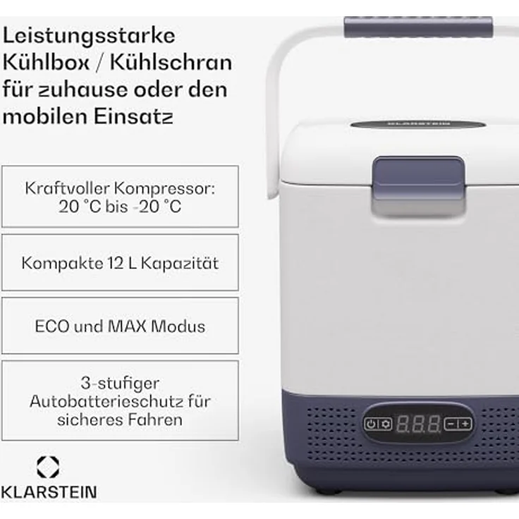 Klarstein SwiftFrost 12L Mobiler Mini-Kühlschrank Mit Großem Fach, LCD-Panel, Starkem Kompressor & Anti-Schock-Technologie - Ideal Als Kühlbox Für Camping, Büro Oder Unterwegs, Weiß – Bild 2