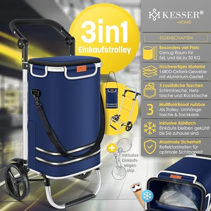 KESSER® Einkaufstrolley klappbar mit 56L Kapazität und belastbar bis 50kg | 3in1 Trolley Sackkarre & Umhängetasche | Faltbarer Einkaufswagen inkl. Kühlfach & Einkaufschip | Treppensteiger Navyblau – Bild 2