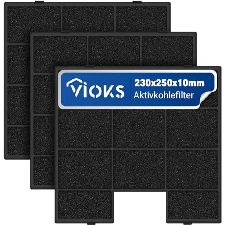 VIOKS 3x Aktivkohlefilter Dunstabzugshaube 230x250x10mm - Ersatz für Amica FWK-250 - Kohlefilter für gesunde Raumluft, passend für diverse Amica Dunstabzugshauben (Schwarz) – Bild 1