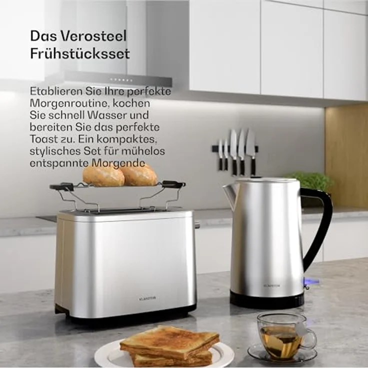 Klarstein Verosteel Toaster Wasserkocher Set, Edelstahl, 2-Scheiben Toaster mit 7 Bräunungsstufen & Brötchenaufsatz, 1,7L Wasserkocher mit Kalkfilter – Bild 3