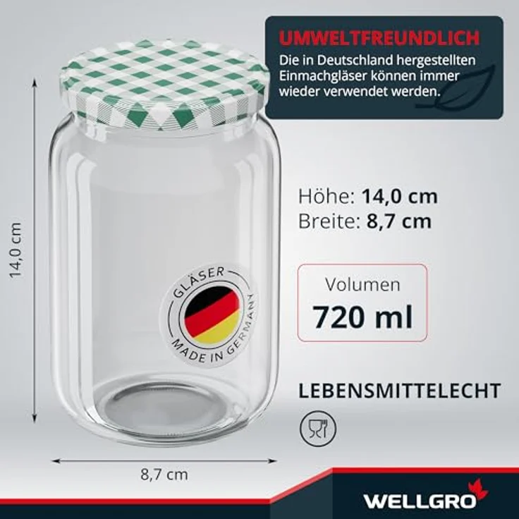 WELLGRO 6x Einmachgläser mit Schraubdeckel, 720ml, grün kariert, Made in Germany, luftdicht und spülmaschinengeeignet – Bild 2