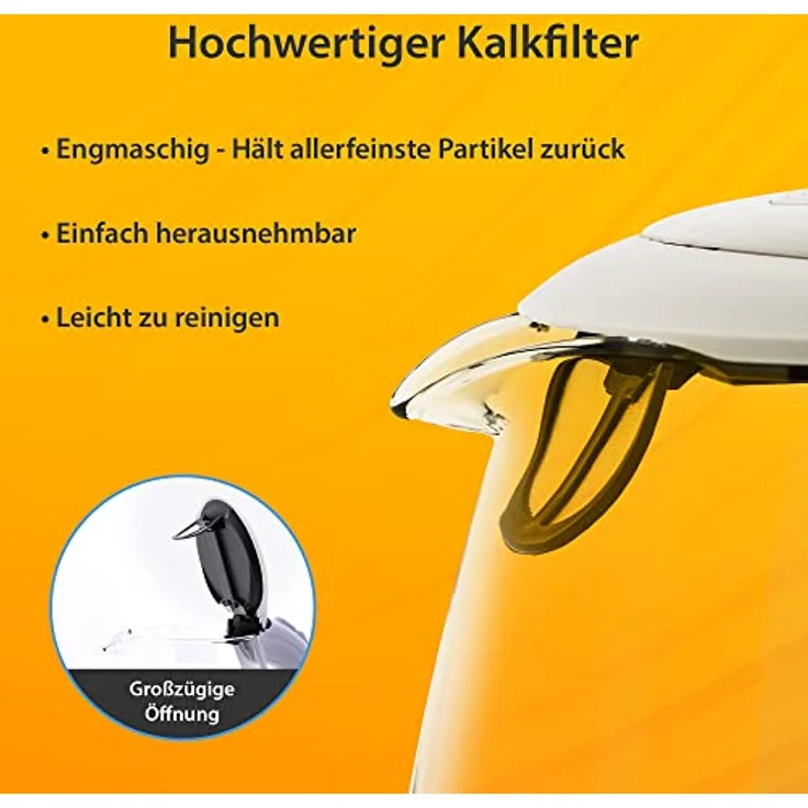 T24 Borosilikatglas Wasserkocher mit LED, 2200 Watt, 1,7 Liter, Trockenkoch- und Überhitzungsschutz, mit Filter, weiß – Bild 5
