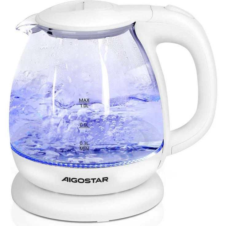 Aigostar Eve Wasserkocher 2200W 1,7L Glaswasserkocher mit Kalkfilter, LED Beleuchtung, Weiß, 360° Basis, Abschaltautomatik, Trockenschutz, Edelstahl Heizelement