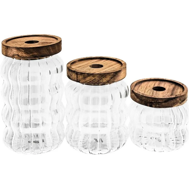 Mulex Vorratsgläser 3erSet Wave-Style, luftdicht mit Holzdeckel aus Borosilikatglas, 350 ml, 500 ml, 750 ml