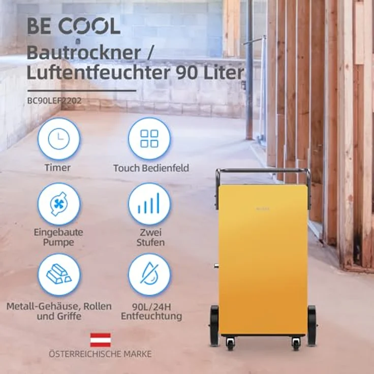 Be Cool Bautrockner/Luftentfeuchter 90l BC90LEF2202 – Metallgehäuse, Griff und Laufrollen, 700 m³/h Luftumwälzung, integr. Pumpe, schwarz/gelb – Bild 2