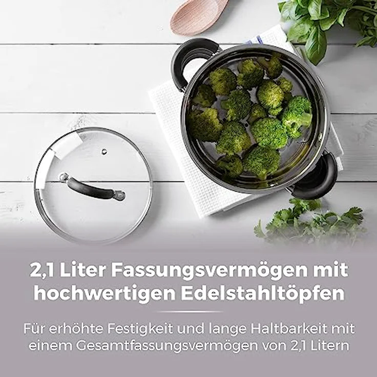 Tower T80836 Essentials Induktions-Dampfgarpfannen, 3 Etagen mit Glasdeckel, Silikongriffe, Edelstahl, Dampfgaren, Hochglanzpoliert, 18 cm, Silber – Bild 4