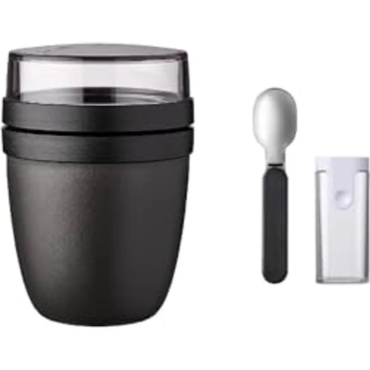 Mepal Klapplöffel Set mit Lunchpot Mini Ellipse, Joghurtbecher & Müslibecher, geeignet für Gefrierschrank, Mikrowelle & Spülmaschine, Nordic Black – Bild 1