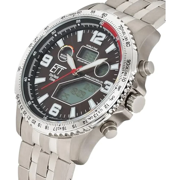 ETT Eco Tech Time EGT-11720-22M, Funk Solar Herren Uhr mit Titan Armband, schwarzes Zifferblatt, wasserdicht bis 10 Bar, Weltzeit- und Stoppfunktion – Bild 2