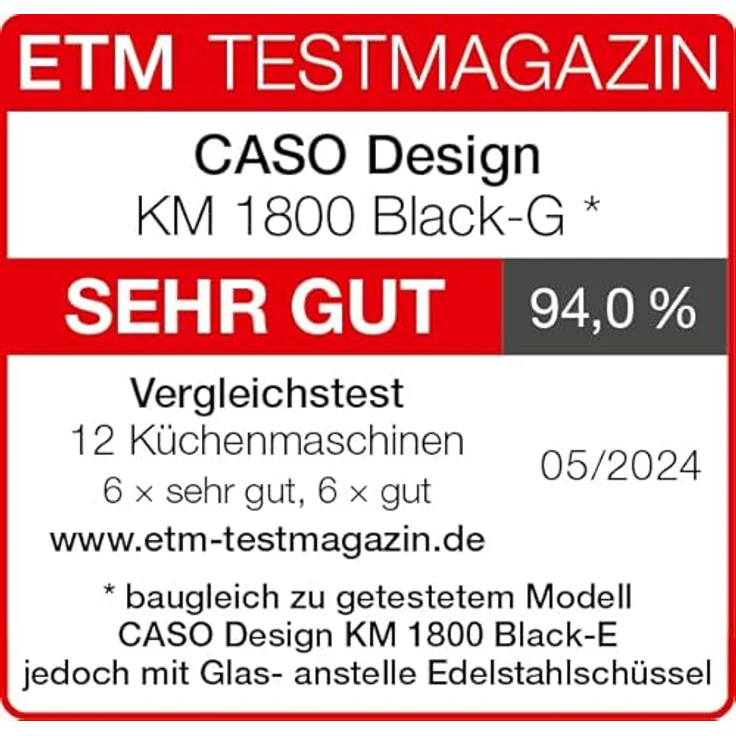 Caso Design KM1800 Black G Küchenmaschine, 1800 Watt, Glasschüssel 4,5 Liter, Display, Timer, schwarz – Bild 4