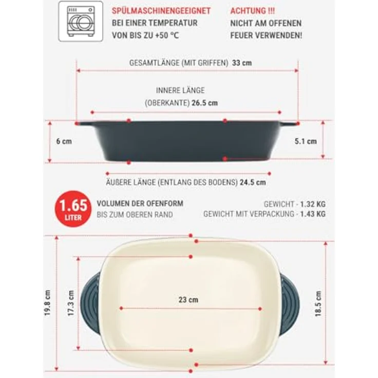 RESTO Auflaufform 1,65 L, rechteckige Backform aus kratz- und schnittfester Keramik, spülmaschinenfest, für Quiche, Lasagne, Brownie und Auflauf – Bild 4