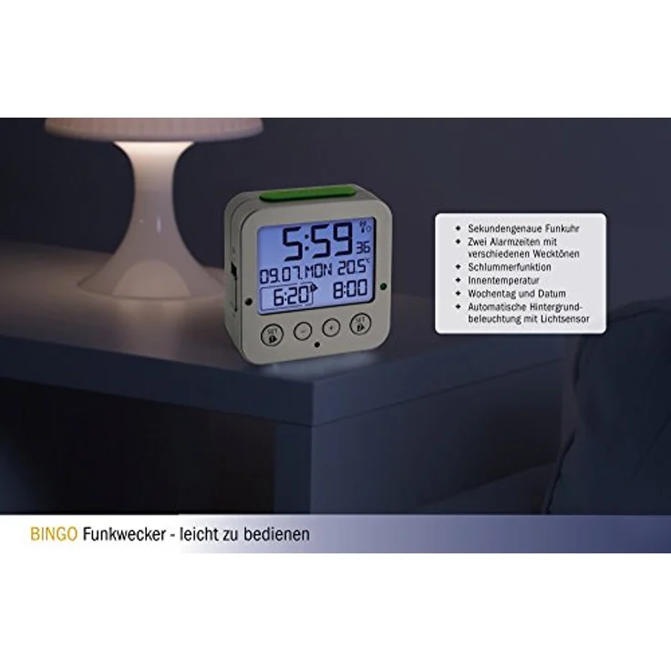 TFA Dostmann 60.2528.54 Bingo Funk-Wecker, autom. Hintergrundbeleuchtung, Datum, Temperaturanzeige und zwei Weckzeiten, Silber-grün, L 81 x B 33 x H 81 mm – Bild 4
