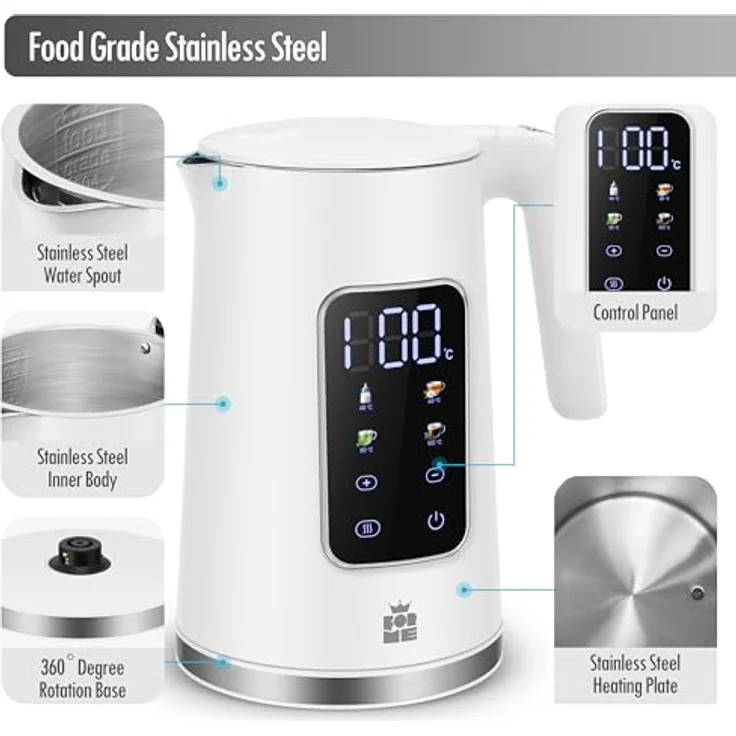FOR ME Edelstahl Wasserkocher 1,7 L, Temperaturwahl 40-100°C mit digitaler LED-Anzeige und Warmhaltefunktion, BPA-frei – Bild 3