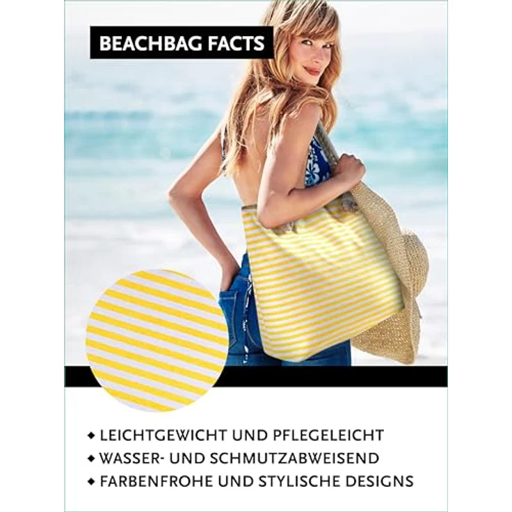 DonDon Strandtasche XXL, große Shopper Tasche mit Reißverschluss, gestreift gelb weiß, ideal für Strand und Alltag – Bild 4