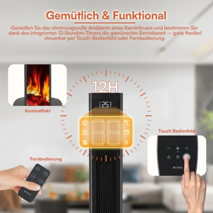 Be Cool BCLeon26 PTC-Säulen-Heizlüfter mit Kamineffekt, 2200 Watt, Schwarz, Oszillation und Fernbedienung – Bild 4