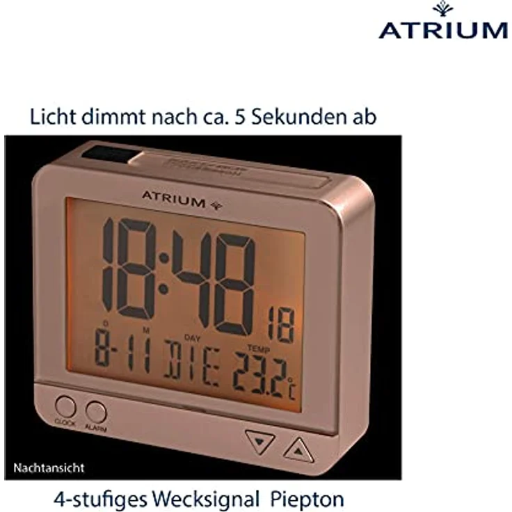 Atrium A760-17, Digitaler Funkwecker mit sensorgesteuertem Nachtlicht, Datums- und Temperaturanzeige, rosegold – Bild 5
