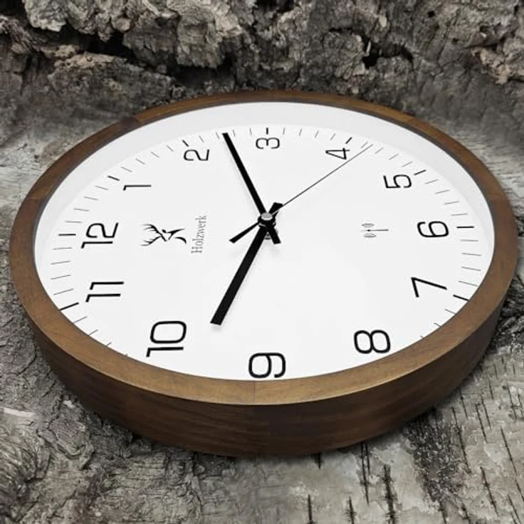 Holzwerk Germany Natur Holz Funkwanduhr Funk Wanduhr Holz-Uhr Vintage Funkuhr lautloses Uhrwerk ohne Tickgeräusche Braun Weiß lautlos aus handgefertigtem Massivholz Natur Holz 30 cm (Funkwerk.Braun) – Bild 2