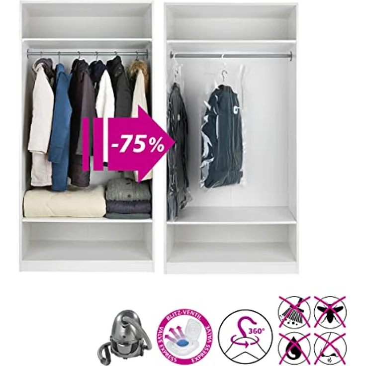 WENKO Vakuum Raumspar-Kleidersack L, Transparent, platzsparend mit 75% mehr Stauraum, perfekter Schutz vor Staub und Motten – Bild 2