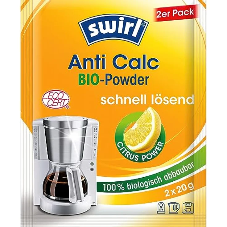 Swirl Anti Calc Bio-Powder (2x 20g) mit Citrus Power | Entkalkungspulver geeignet für Kaffeemaschinen, Kaffeevollautomaten, Padmaschinen, Wasserkocher – Bild 1