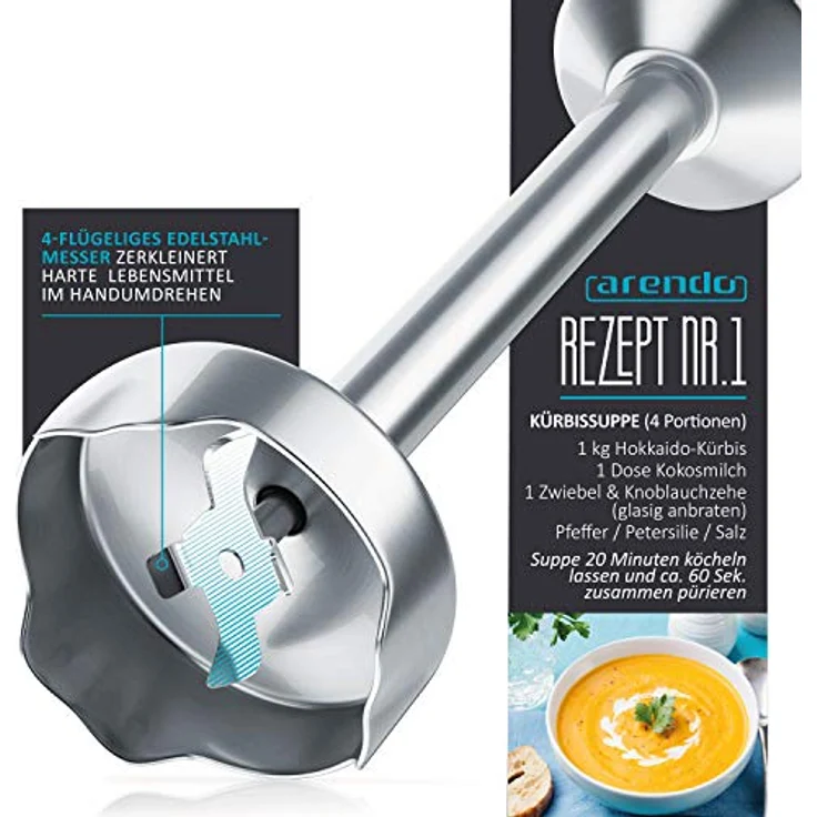 Arendo Stabmixer 1000 Watt Edelstahl - vierflügeliges Messer - Pürierstab - stufenlose Geschwindigkeitsregelung - Turbotaste - abnehmbarer Mixfuß - GS zertifiziert - Modell 2020 – Bild 4
