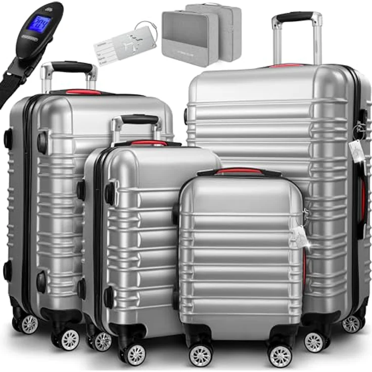 Monzana 4tlg Kofferset Hartschale Silber, mit Zwillingsrollen und Teleskopgriff – Bild 1