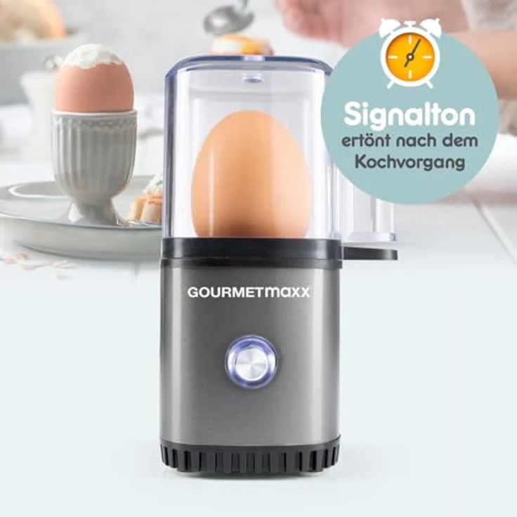 GOURMETmaxx Eierkocher für 1 Ei, Egg Boiler mit Eierstecher und Messbecher, 3 Härtegrade, kompakt und spülmaschinenfest, Anthrazit – Bild 3